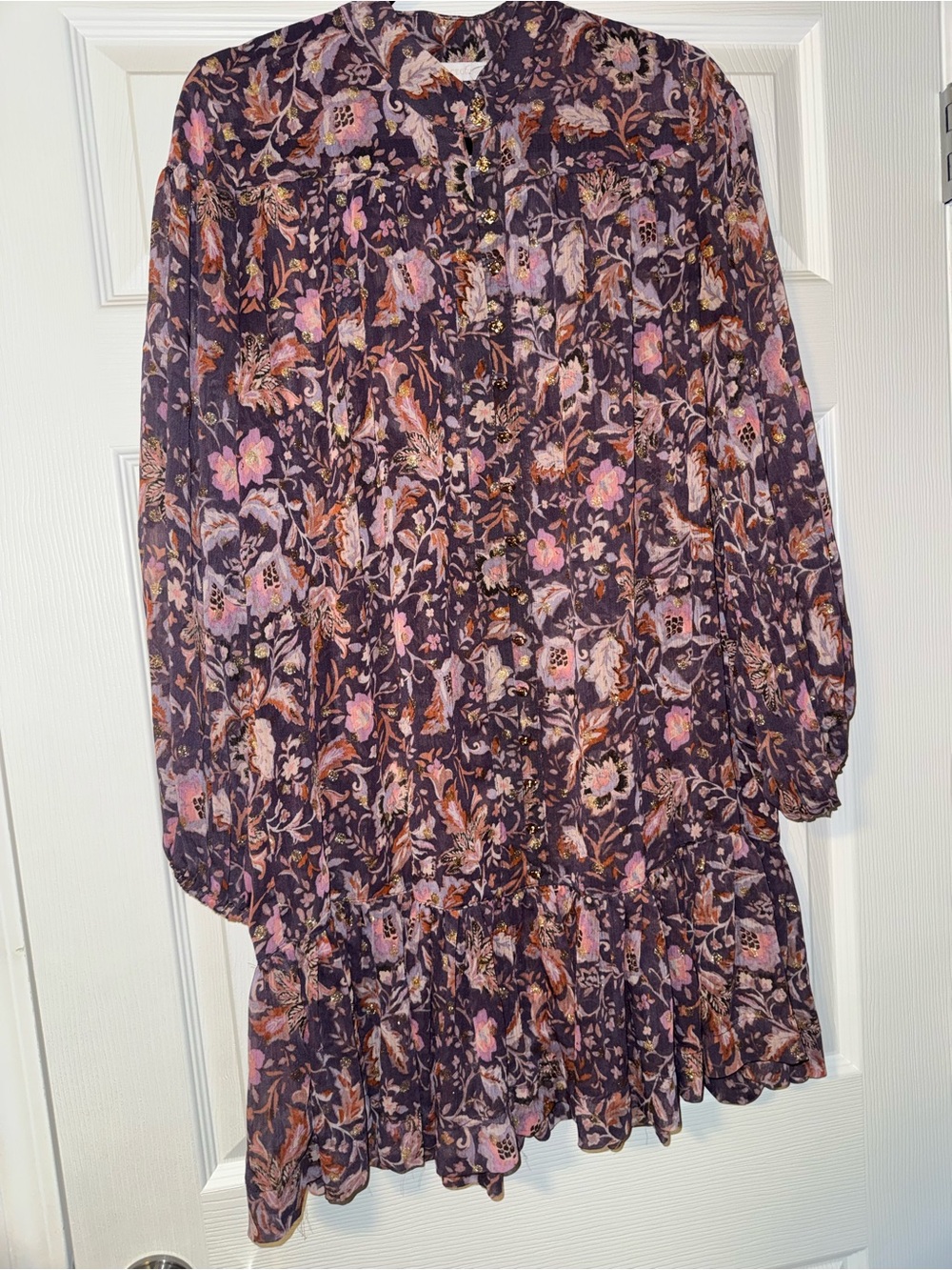 Olivaceous Purple Floral Dress with Pink & Gold Accents. With Gold Rose Buttons